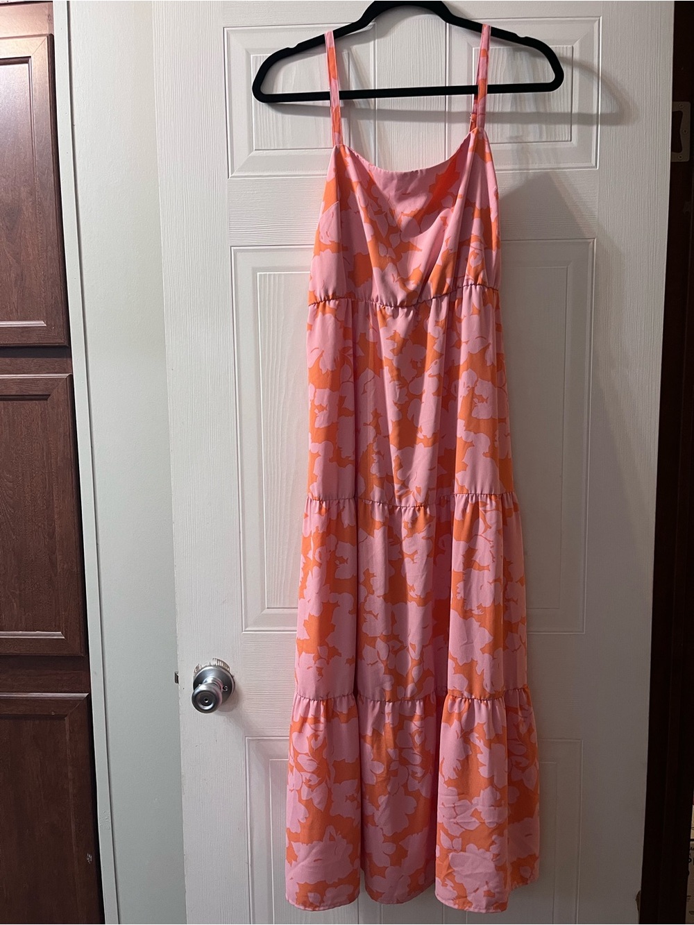 Floral Pink and Orange Tiered Maxi Dress with Spaghetti Straps
